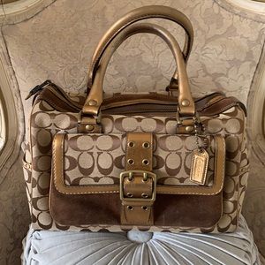 Coach speedy style handbag traditional C design trimmed with bronzed leather